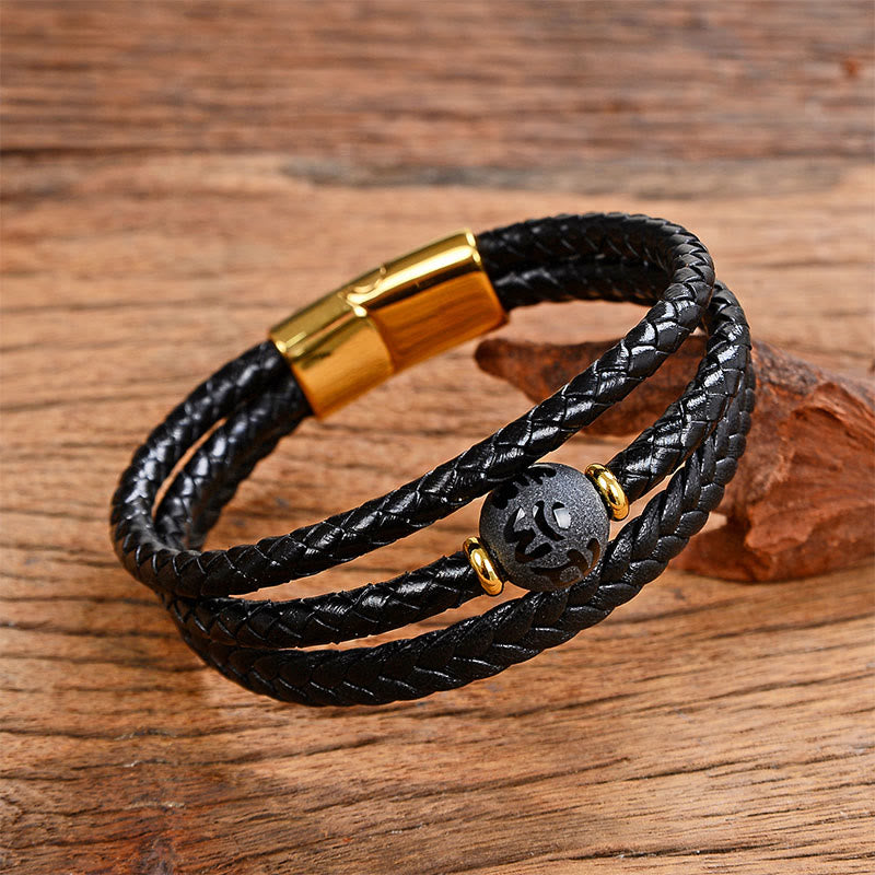 Nimara Ritual Multicolored Bead Green Tiger Eye Amethyst Craved Six True Words Leather Balance Bracelet