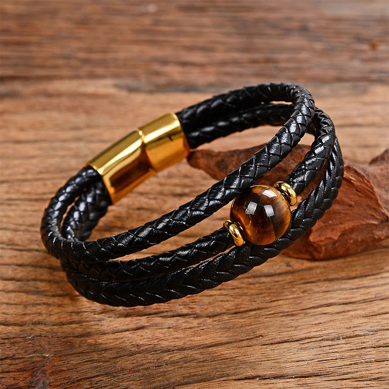 Nimara Ritual Multicolored Bead Green Tiger Eye Amethyst Craved Six True Words Leather Balance Bracelet