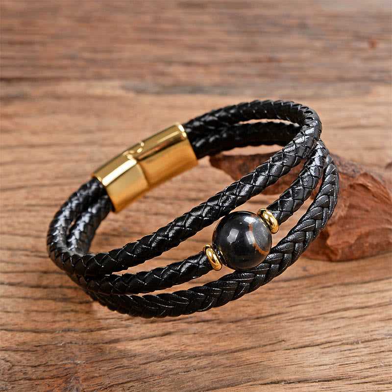 Nimara Ritual Multicolored Bead Green Tiger Eye Amethyst Craved Six True Words Leather Balance Bracelet