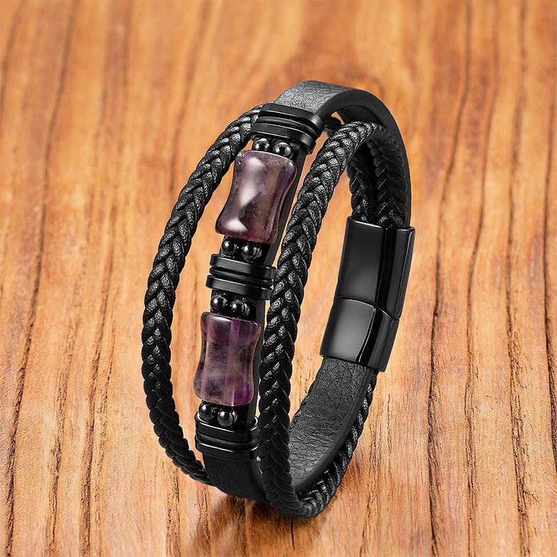 Nimara Ritual Green Aventurine Amethyst Black Onyx Pink Crystal Positivity Braided Leather Bracelet