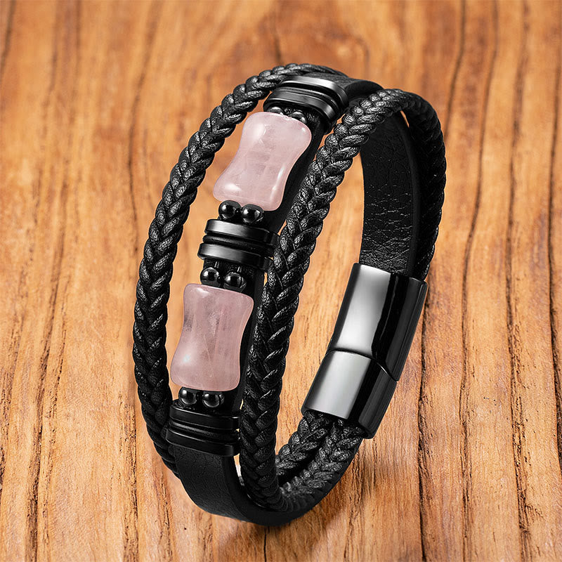 Nimara Ritual Green Aventurine Amethyst Black Onyx Pink Crystal Positivity Braided Leather Bracelet
