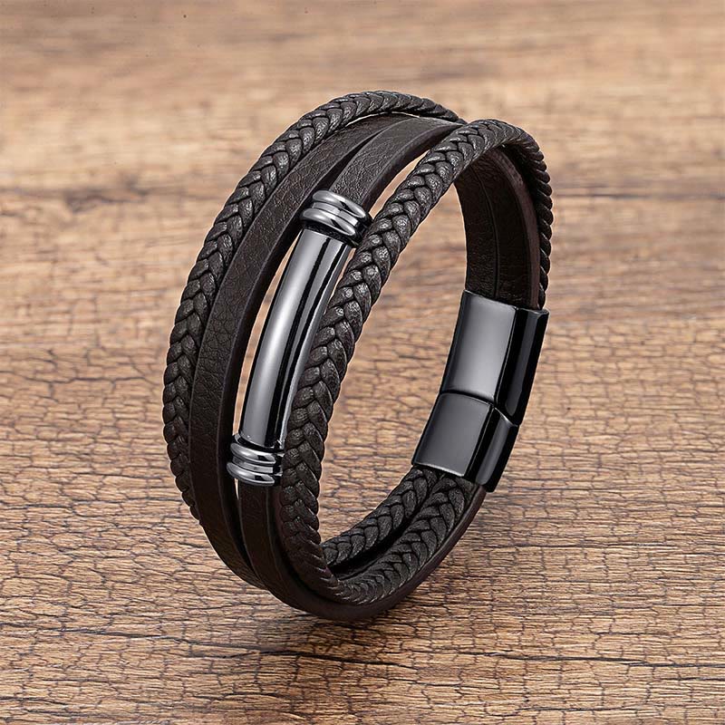 Nimara Ritual Multi-layered Simple Design Leather Titanium Steel Balance Bracelet