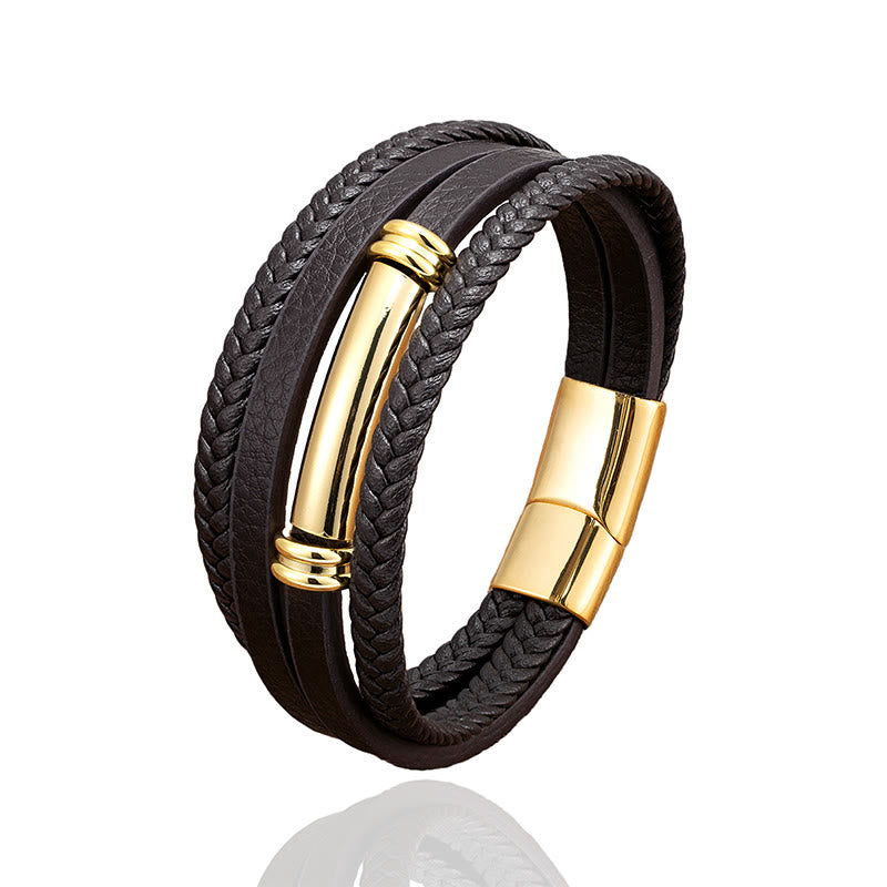 Nimara Ritual Multi-layered Simple Design Leather Titanium Steel Balance Bracelet