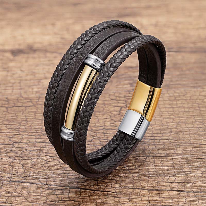 Nimara Ritual Multi-layered Simple Design Leather Titanium Steel Balance Bracelet