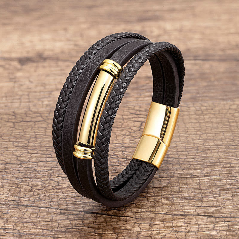 Nimara Ritual Multi-layered Simple Design Leather Titanium Steel Balance Bracelet