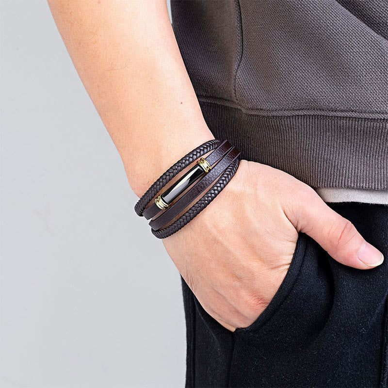 Nimara Ritual Multi-layered Simple Design Leather Titanium Steel Balance Bracelet