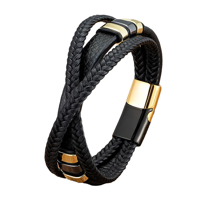 Nimara Ritual Multi-layered Cross-woven Design Leather Titanium Steel Balance Bracelet