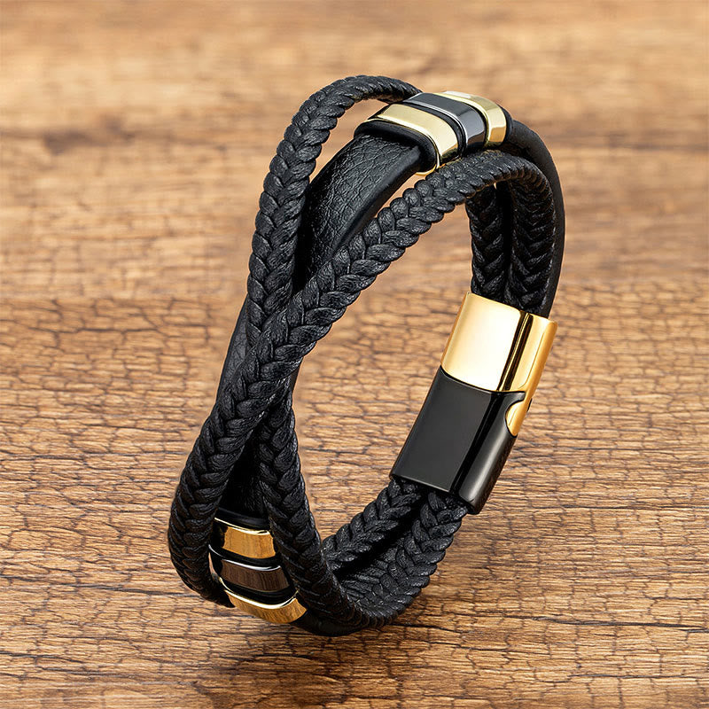 Nimara Ritual Multi-layered Cross-woven Design Leather Titanium Steel Balance Bracelet
