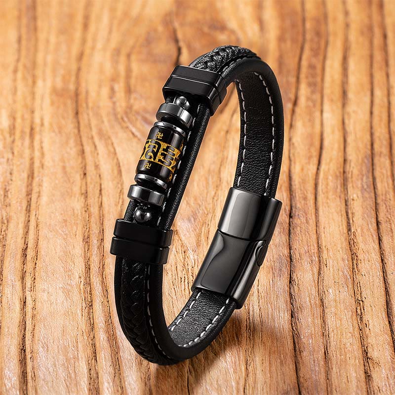 Nimara Ritual Om Mani Padme Hum Dragon Symbol Black Onyx Leather Titanium Steel Balance Protection Bracelet