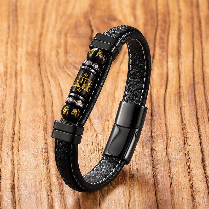 Nimara Ritual Om Mani Padme Hum Dragon Symbol Black Onyx Leather Titanium Steel Balance Protection Bracelet