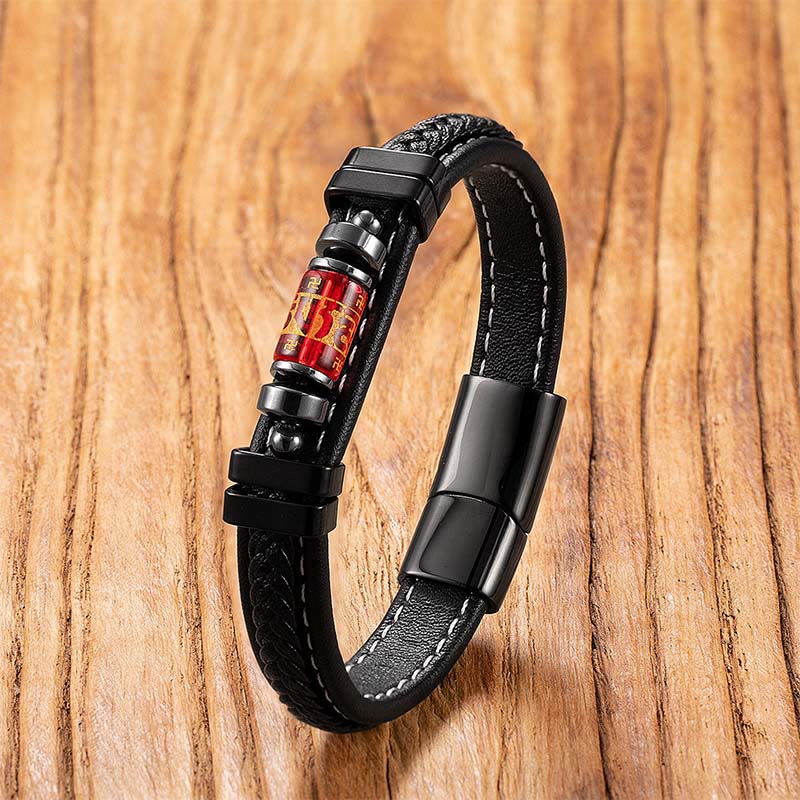 Nimara Ritual Om Mani Padme Hum Dragon Symbol Black Onyx Leather Titanium Steel Balance Protection Bracelet