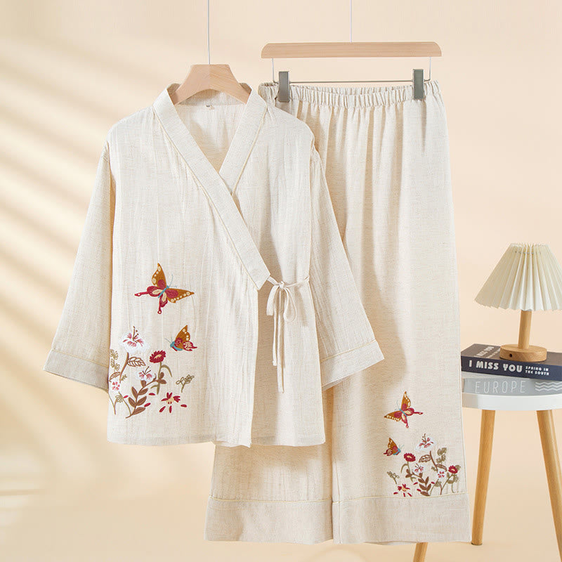 Nimara Ritual 2pcs Colorful Floral Butterfly Long Sleeve V-Neck Shirt Pants Cotton Pajamas Set With Pockets