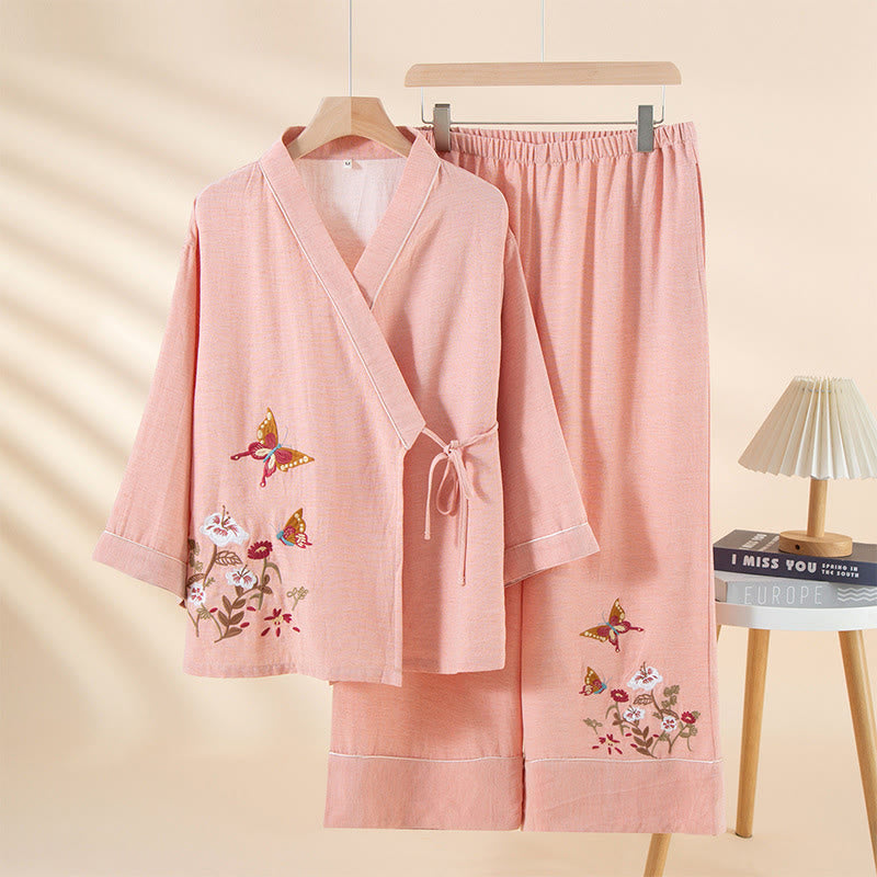 Nimara Ritual 2pcs Colorful Floral Butterfly Long Sleeve V-Neck Shirt Pants Cotton Pajamas Set With Pockets