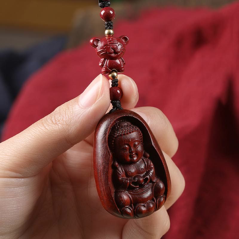 Nimara Ritual Small Leaf Red Sandalwood Buddha Cinnabar Chinese Zodiac Amulet Protection Key Chain