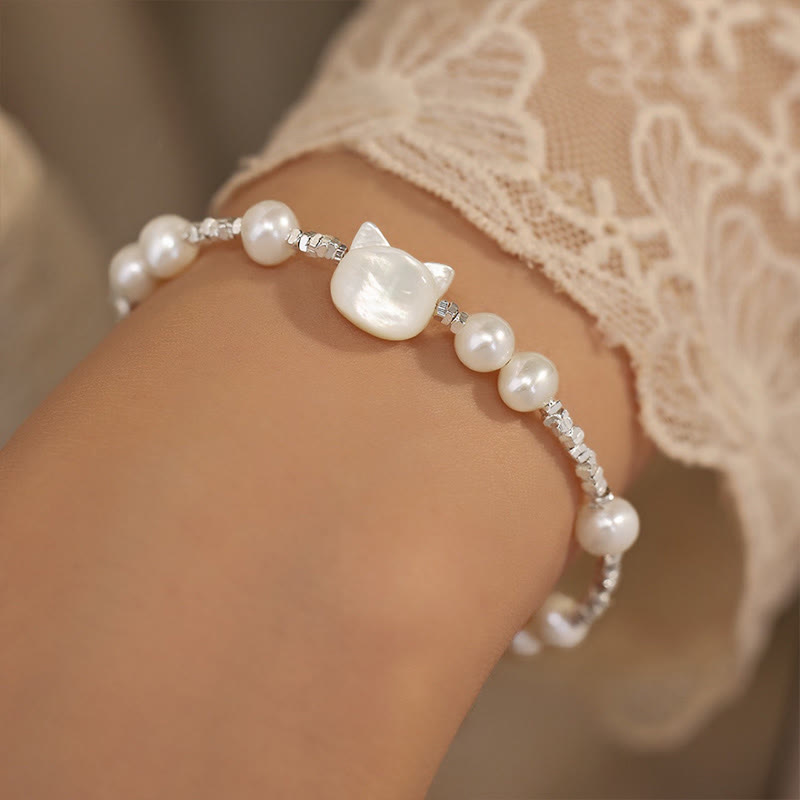 Nimara Ritual Pearl Cat Head Tridacna Stone Silver Healing Bracelet