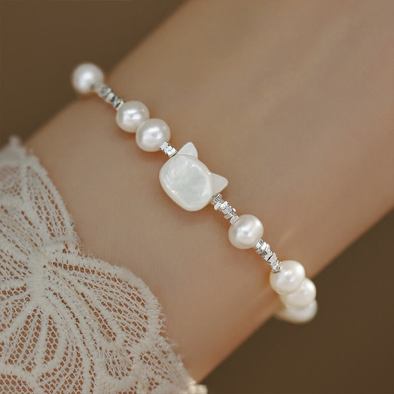 Nimara Ritual Pearl Cat Head Tridacna Stone Silver Healing Bracelet