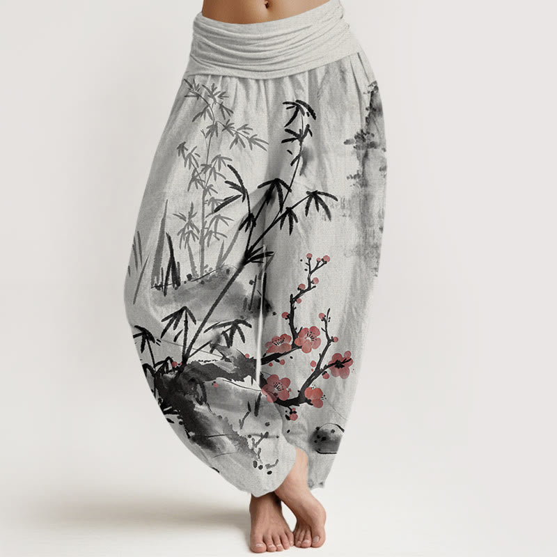 Nimara Ritual Cotton Plum Blossoms Bamboo Orchids Chrysanthemums Pattern Women's Elastic Waist Harem Pants
