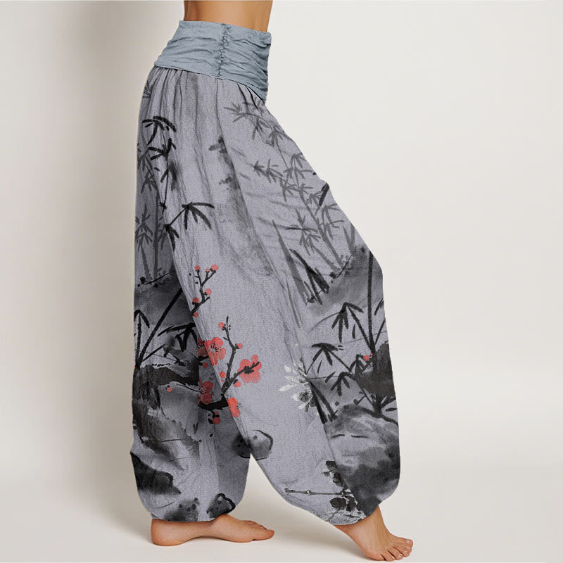 Nimara Ritual Cotton Plum Blossoms Bamboo Orchids Chrysanthemums Pattern Women's Elastic Waist Harem Pants