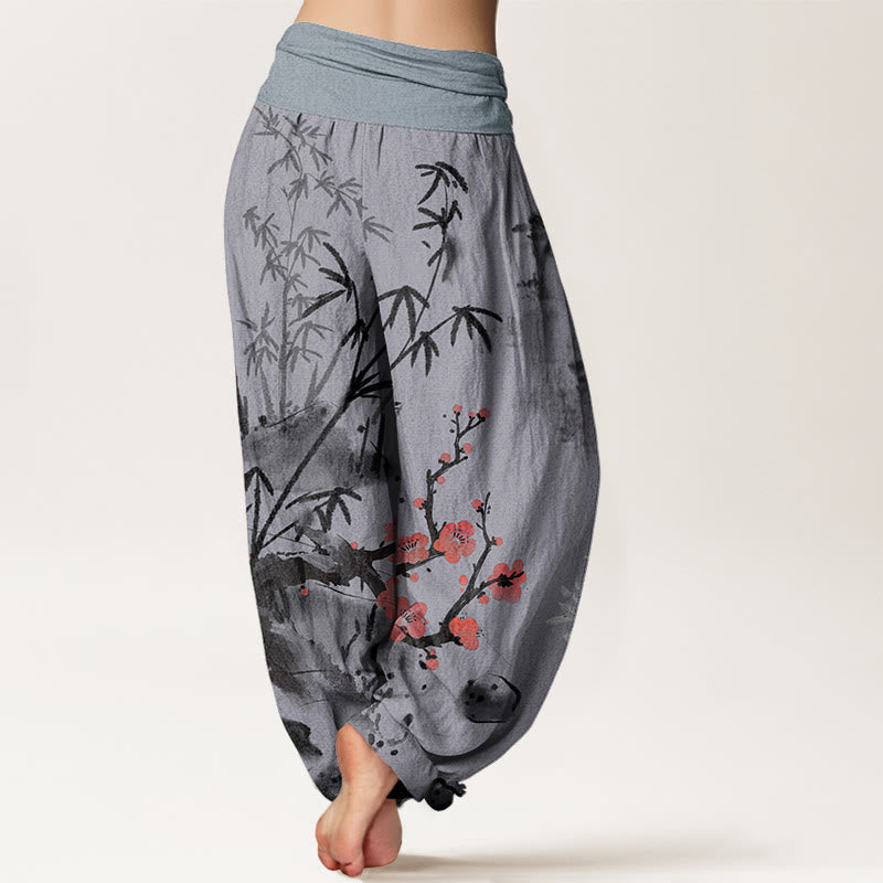 Nimara Ritual Cotton Plum Blossoms Bamboo Orchids Chrysanthemums Pattern Women's Elastic Waist Harem Pants