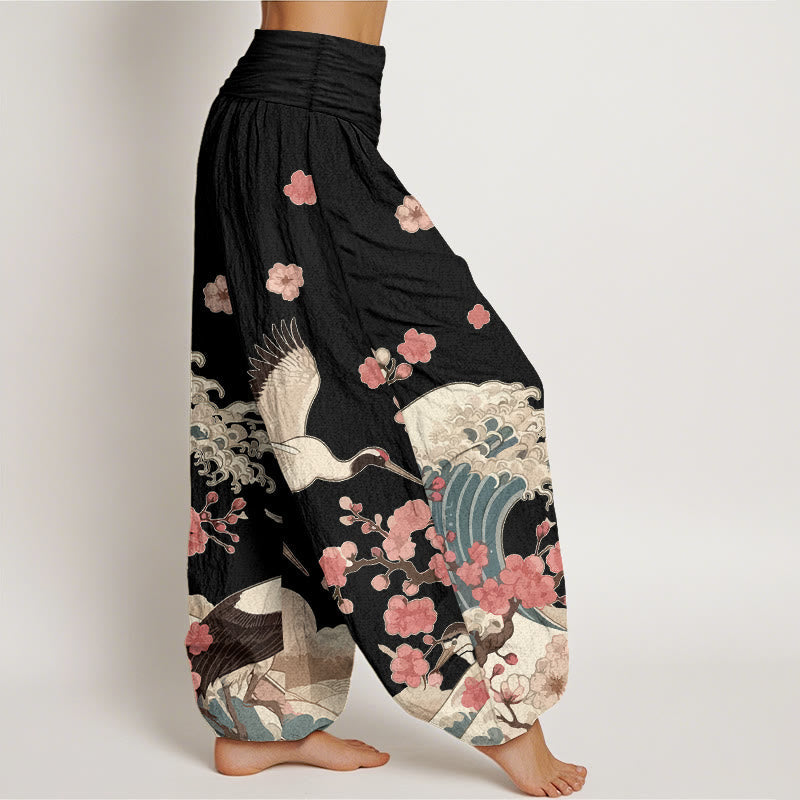 Nimara Ritual Pure Cotton Cranes Peach Blossoms Ocean Women's Elastic Waist Harem Pants