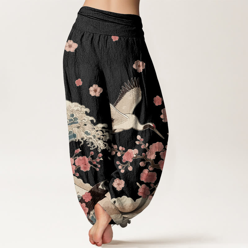 Nimara Ritual Pure Cotton Cranes Peach Blossoms Ocean Women's Elastic Waist Harem Pants