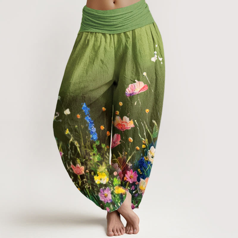 Nimara Ritual Cotton Casual Watercolor Style Floral Pattern Women's Elastic Waist Harem Pants
