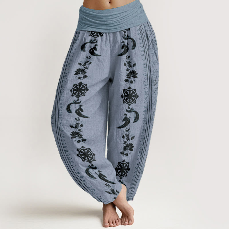 Nimara Ritual Pure Cotton Dharma Wheel Lotus OM Pattern Women's Elastic Waist Harem Pants