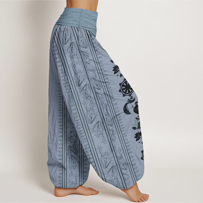 Nimara Ritual Pure Cotton Dharma Wheel Lotus OM Pattern Women's Elastic Waist Harem Pants
