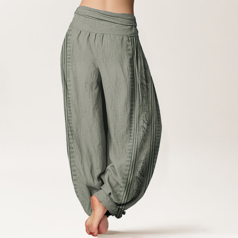 Nimara Ritual Pure Cotton Dharma Wheel Lotus OM Pattern Women's Elastic Waist Harem Pants