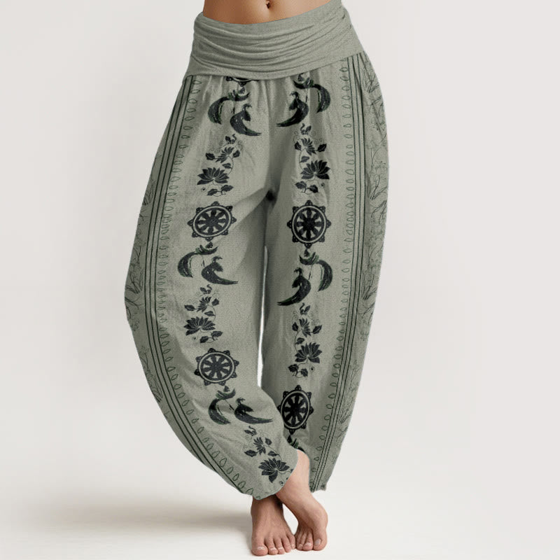 Nimara Ritual Pure Cotton Dharma Wheel Lotus OM Pattern Women's Elastic Waist Harem Pants