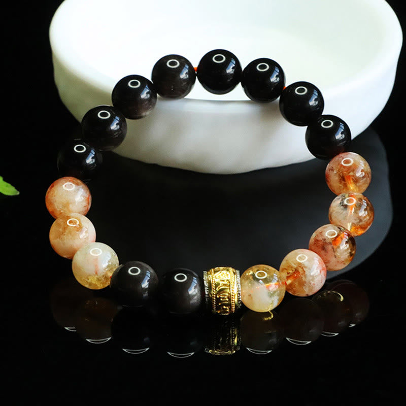 Nimara Ritual Om Mani Padme Hum Silver Sheen Obsidian Citrine Protection Bracelet