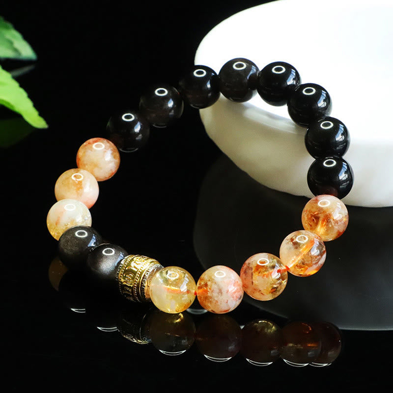 Nimara Ritual Om Mani Padme Hum Silver Sheen Obsidian Citrine Protection Bracelet