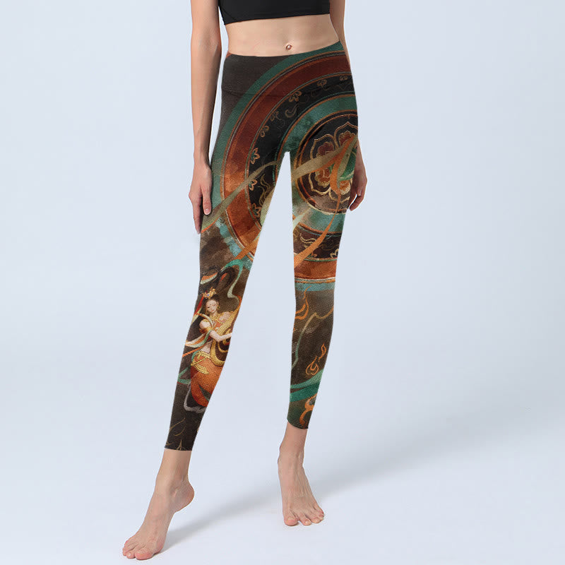 Nimara Ritual Colorful Fairy Lute Ribbon Flower Circle Pattern Print Gym Leggings Women's Yoga Pants