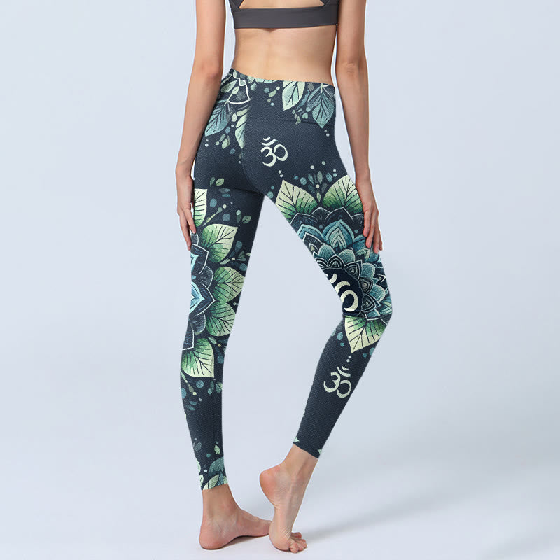 Nimara Ritual Symmetrical Om Symbol Flower Pattern Print Gym Leggings Women's Yoga Pants