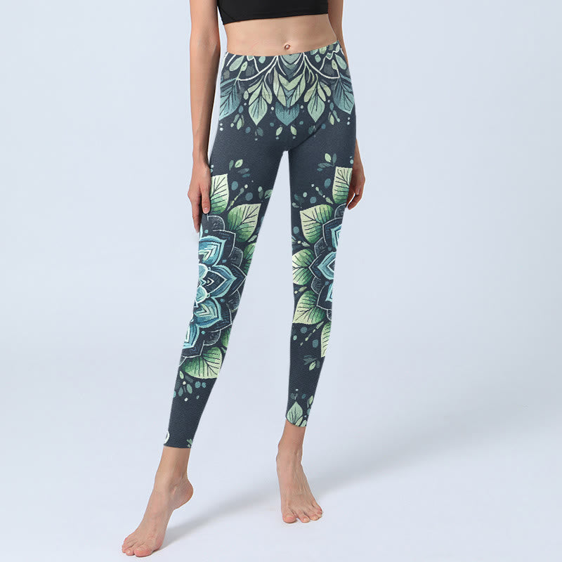 Nimara Ritual Symmetrical Om Symbol Flower Pattern Print Gym Leggings Women's Yoga Pants