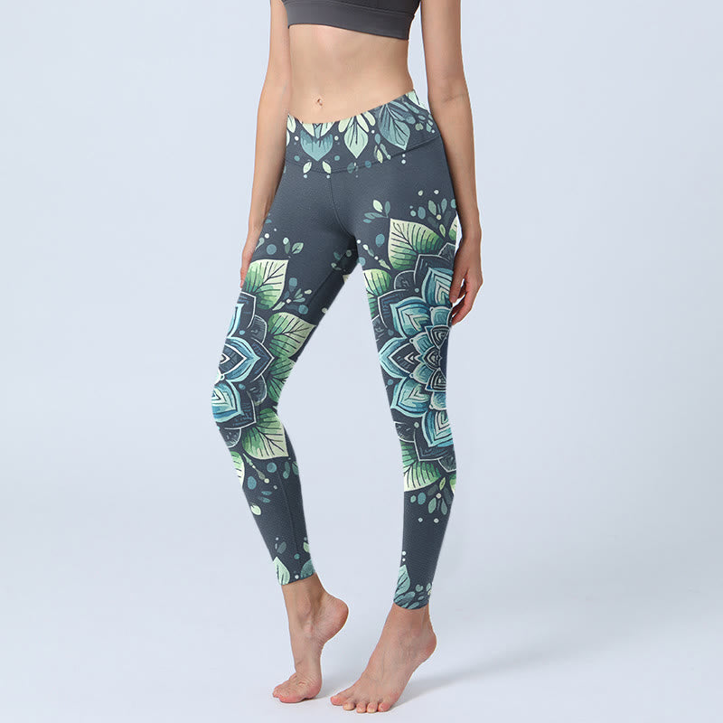 Nimara Ritual Symmetrical Om Symbol Flower Pattern Print Gym Leggings Women's Yoga Pants