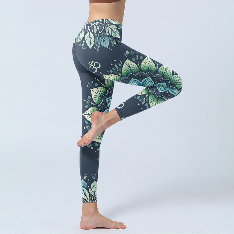 Nimara Ritual Symmetrical Om Symbol Flower Pattern Print Gym Leggings Women's Yoga Pants