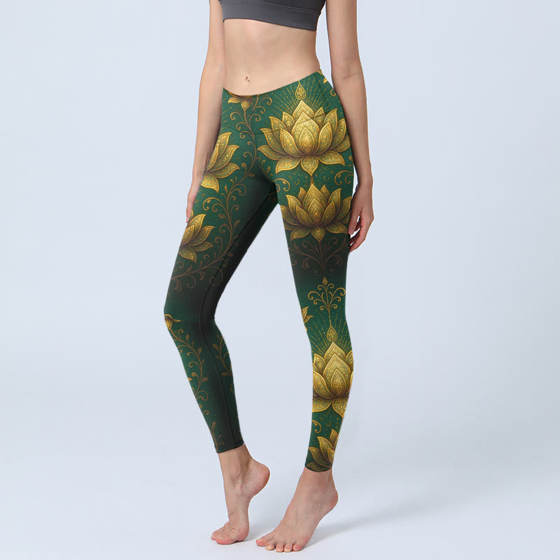 Nimara Ritual Golden Lotus Pattern Print Gym Leggings Women's Yoga Pants