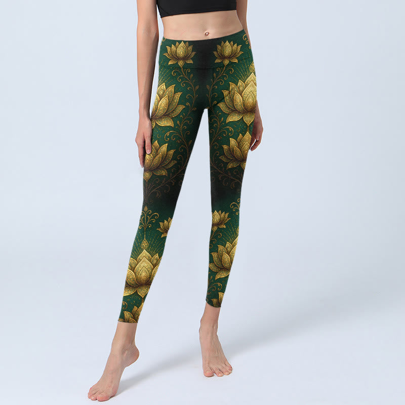 Nimara Ritual Golden Lotus Pattern Print Gym Leggings Women's Yoga Pants