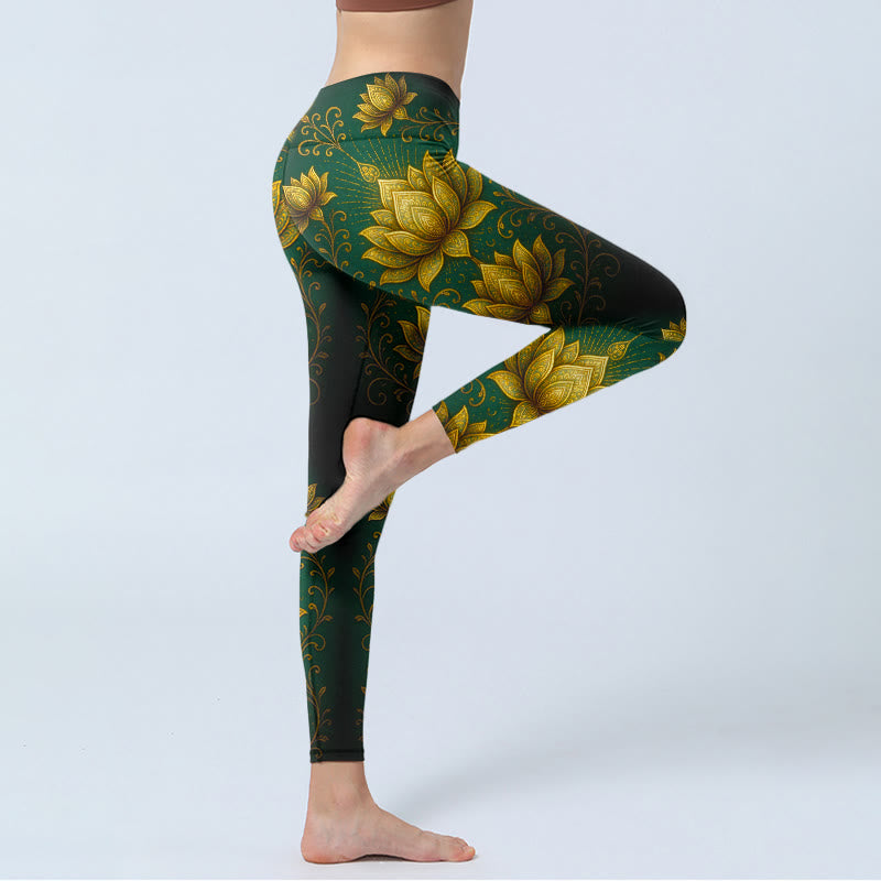 Nimara Ritual Golden Lotus Pattern Print Gym Leggings Women's Yoga Pants