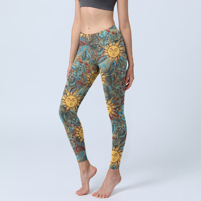 Nimara Ritual Golden Personified Sun Pattern Print Gym Leggings Women's Yoga Pants