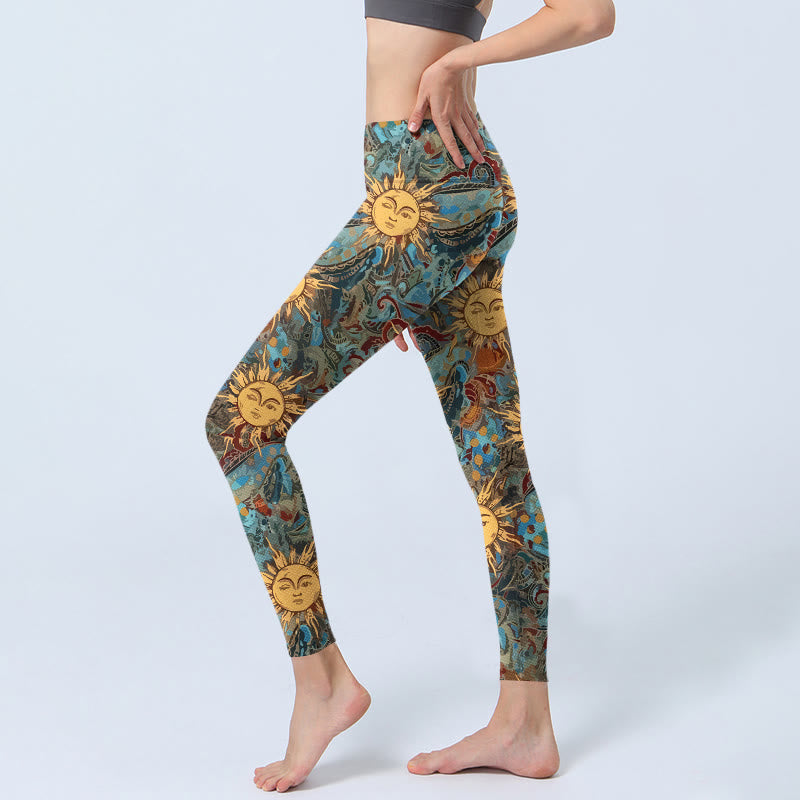 Nimara Ritual Golden Personified Sun Pattern Print Gym Leggings Women's Yoga Pants