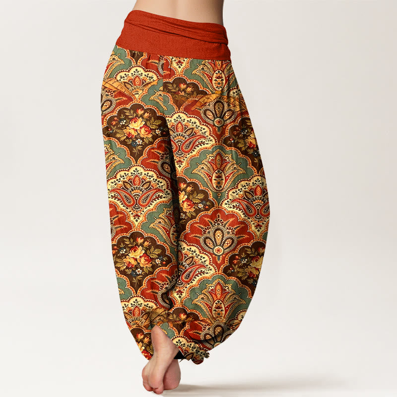 Nimara Ritual Cotton Repetitive Fan Shape Flowers Leaves Pattern Women's Elastic Waist Harem Pants