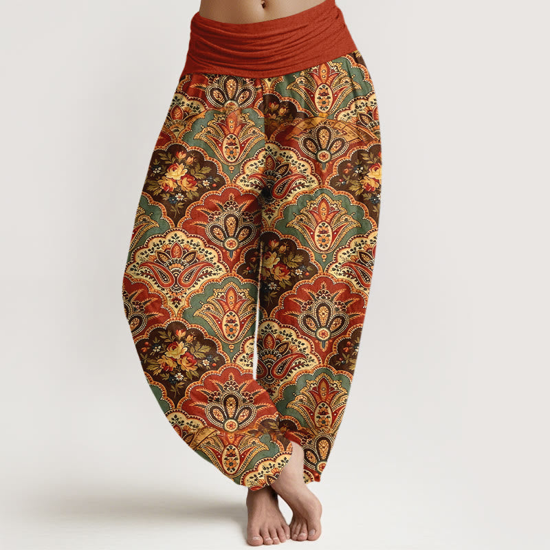 Nimara Ritual Cotton Repetitive Fan Shape Flowers Leaves Pattern Women's Elastic Waist Harem Pants