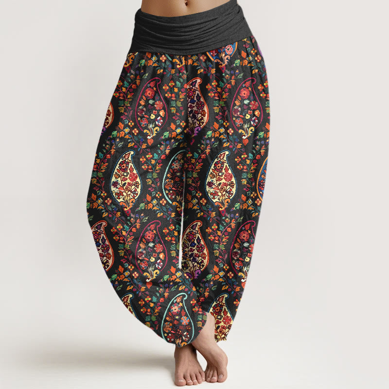 Nimara Ritual Cotton Brightly Colored Retro Flowers Leaves Pattern Women's Elastic Waist Harem Pants