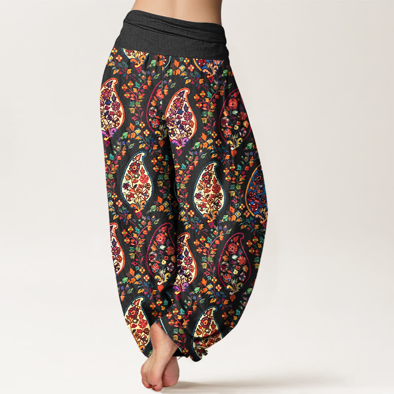Nimara Ritual Cotton Brightly Colored Retro Flowers Leaves Pattern Women's Elastic Waist Harem Pants
