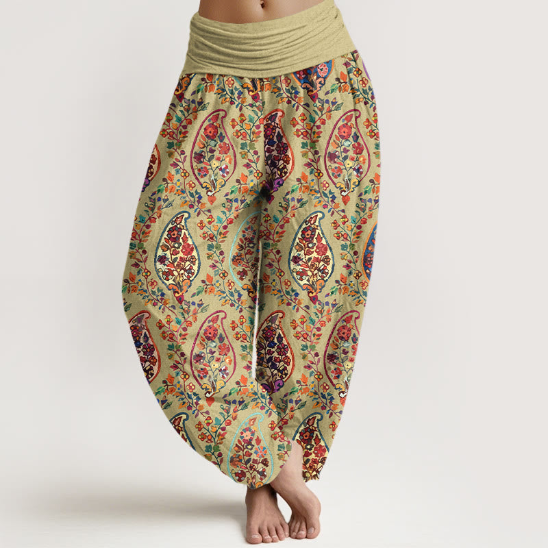 Nimara Ritual Cotton Brightly Colored Retro Flowers Leaves Pattern Women's Elastic Waist Harem Pants