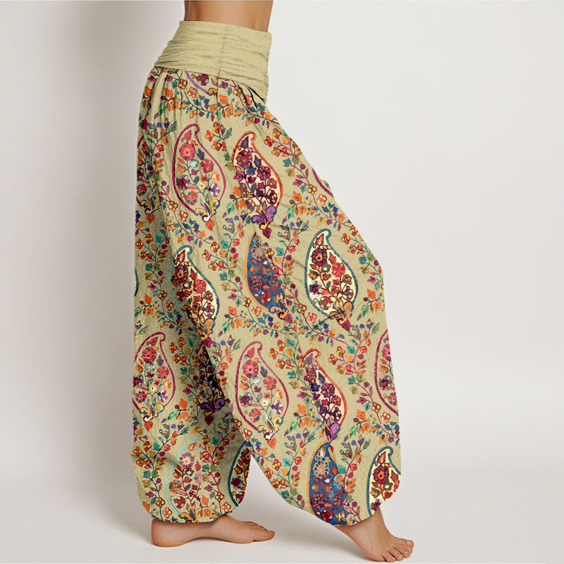 Nimara Ritual Cotton Brightly Colored Retro Flowers Leaves Pattern Women's Elastic Waist Harem Pants