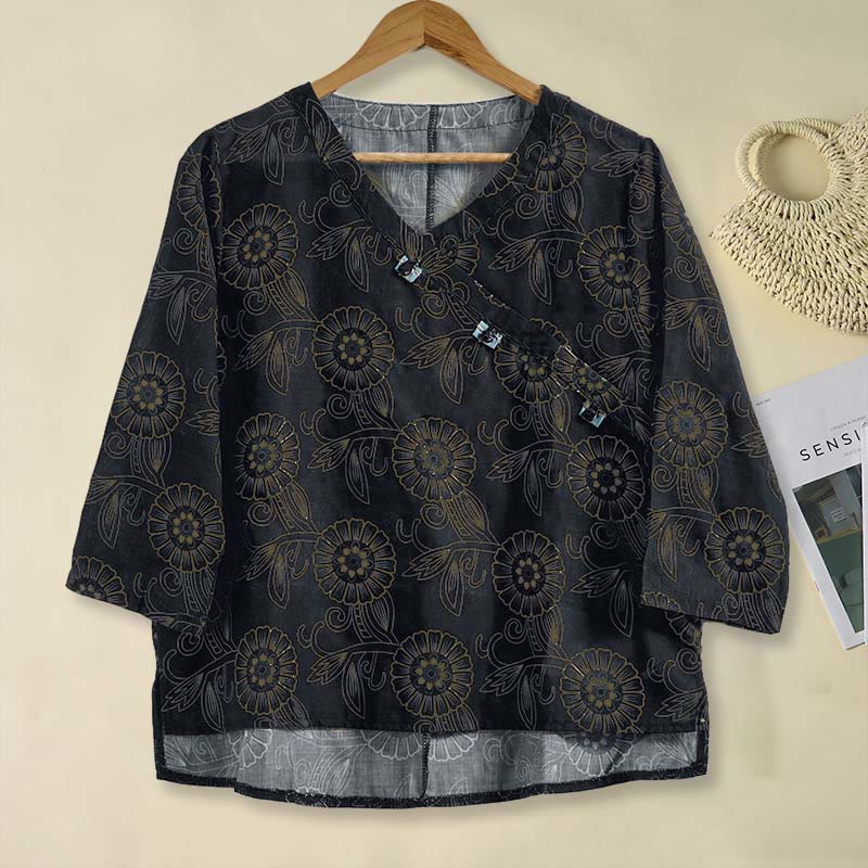 Nimara Ritual Spring V-Neck Printed Floral Pattern Women's Long Sleeve Shirt