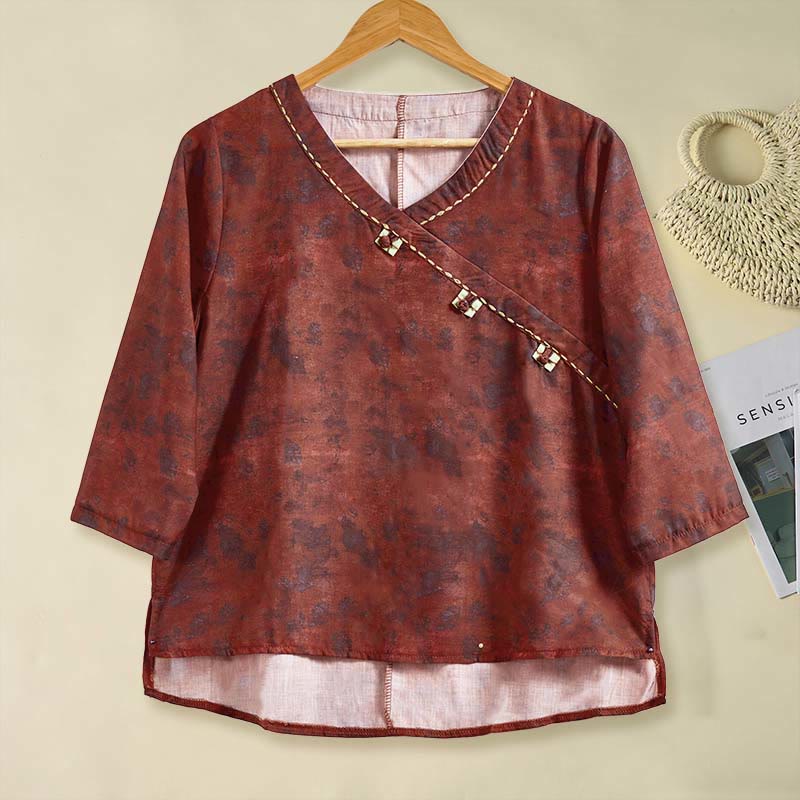 Nimara Ritual Spring V-Neck Printed Floral Pattern Women's Long Sleeve Shirt
